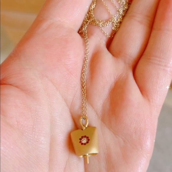 Jewelry - Handcrafted gold plated bell shaped pendant necklace with embedded ruby stones
